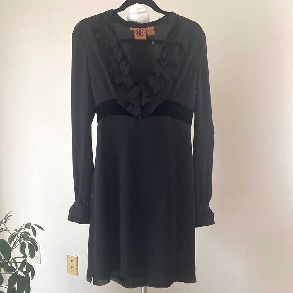TORY BURCH DRESS V NECK LONG SLEEVE RUFFLE RAW EDGES BLACK 4